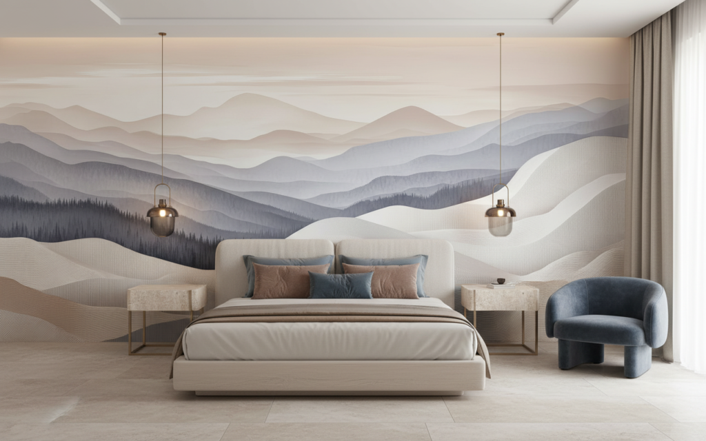 Papier peint panoramique montagnes abstraites tons poudrés et dorés - Hôtel