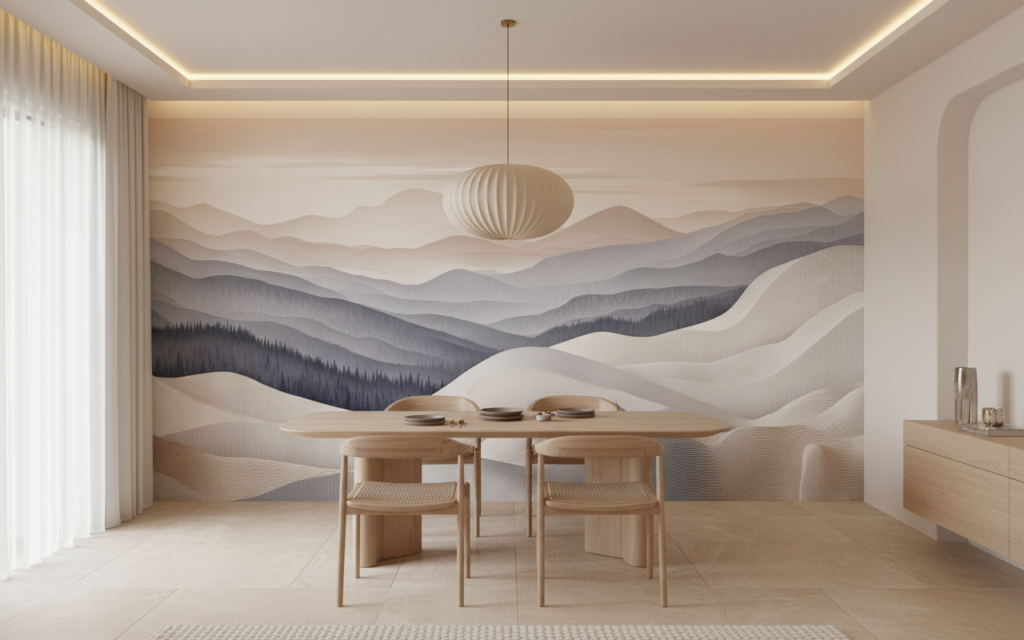 Papier peint panoramique montagnes abstraites tons poudrés et dorés - Salle à manger