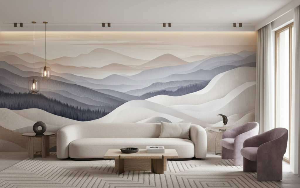 Papier peint panoramique montagnes abstraites tons poudrés et dorés - Salon / Séjour