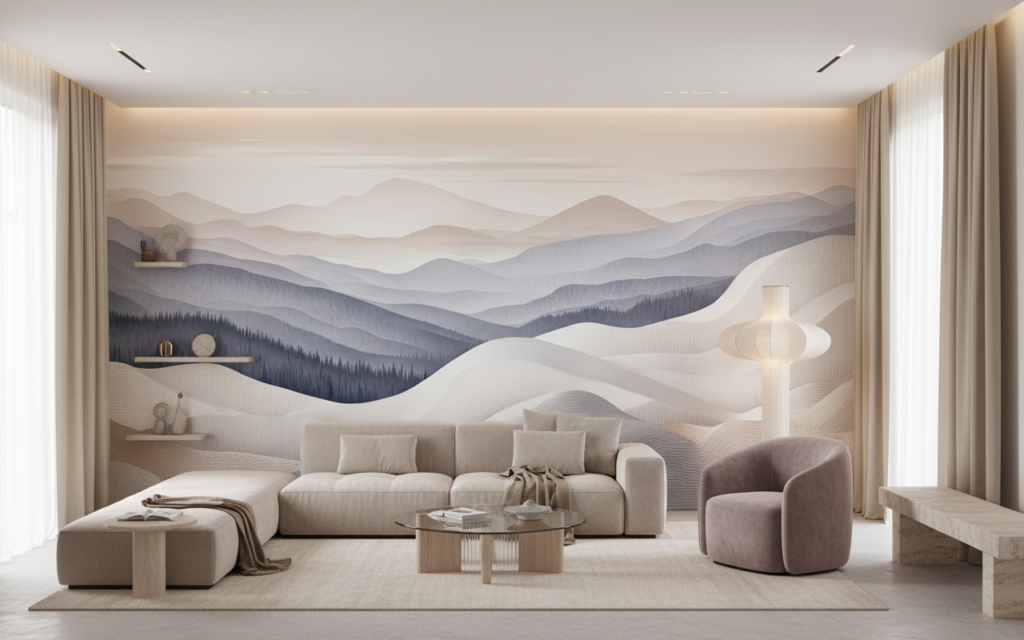 Papier peint panoramique montagnes abstraites tons poudrés et dorés - Salon / Séjour