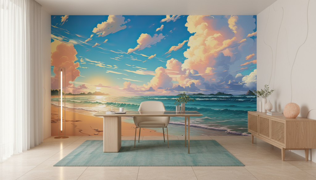 Papier peint panoramique plage paradisiaque coucher de soleil océan tropical - Bureau