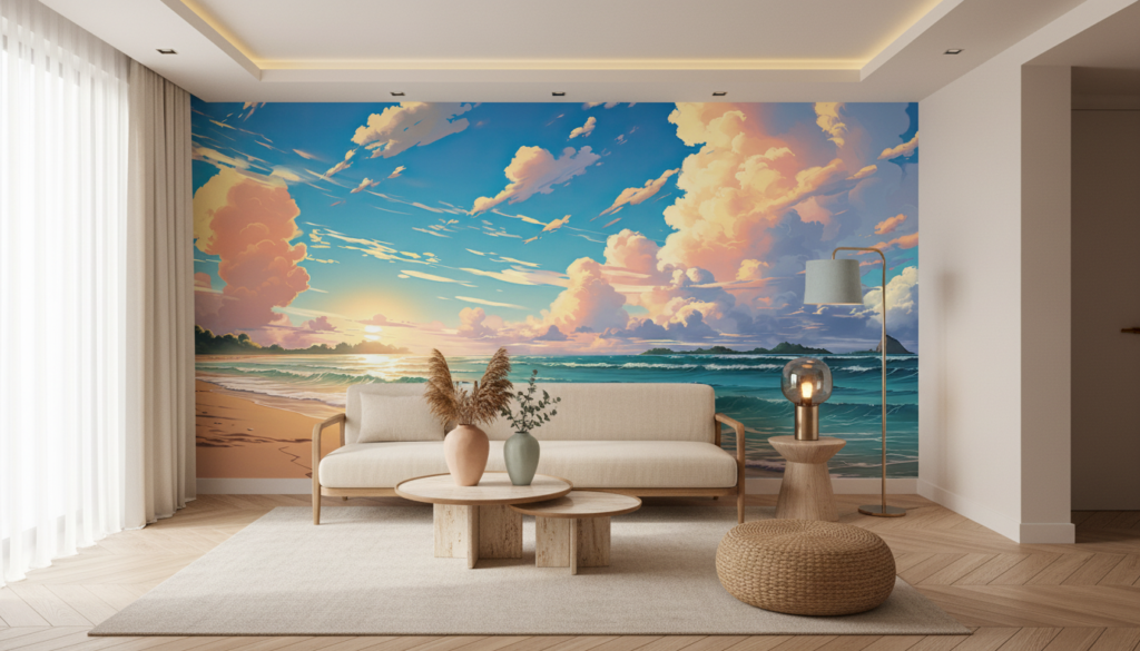 Papier peint panoramique plage paradisiaque coucher de soleil océan tropical - Hôtel