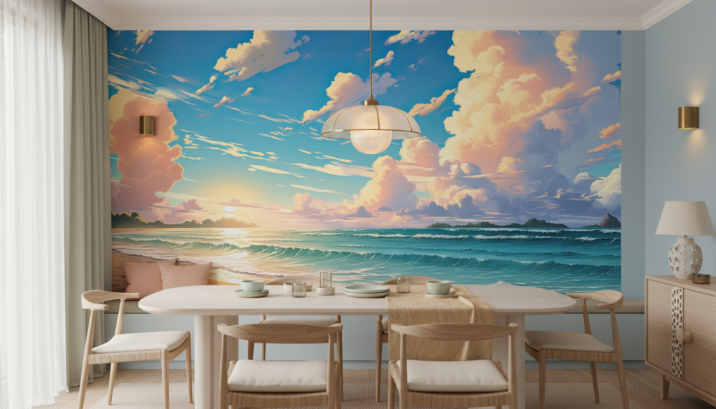 Papier peint panoramique plage paradisiaque coucher de soleil océan tropical - Salle à manger