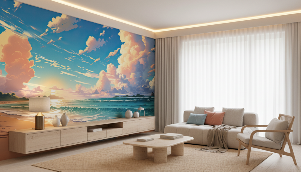 Papier peint panoramique plage paradisiaque coucher de soleil océan tropical - Salon / Séjour