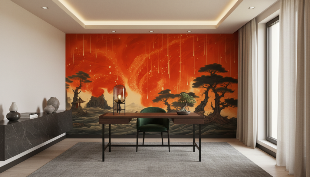 Papier peint panoramique tempête de feu dans paysage asiatique mystique - Bureau