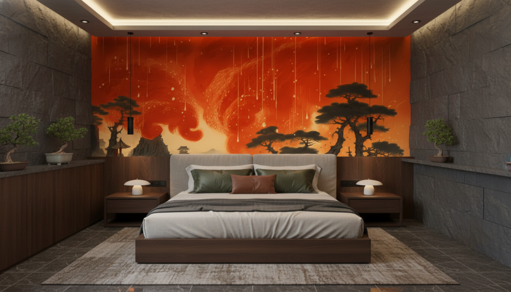 Papier peint panoramique tempête de feu dans paysage asiatique mystique - Chambre adulte