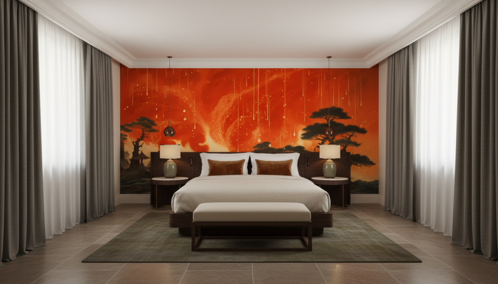 Papier peint panoramique tempête de feu dans paysage asiatique mystique - Hôtel