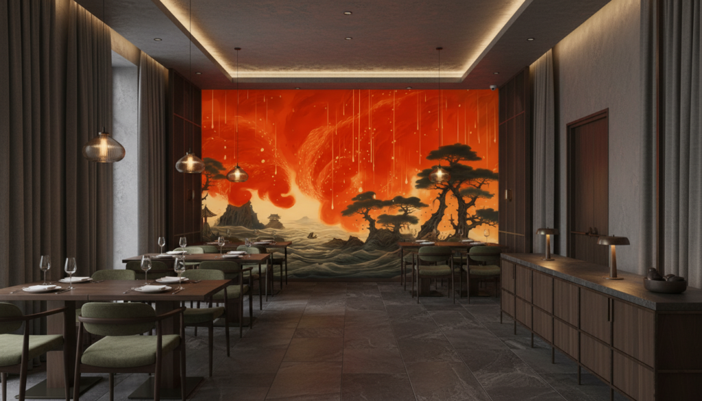 Papier peint panoramique tempête de feu dans paysage asiatique mystique - Restaurant
