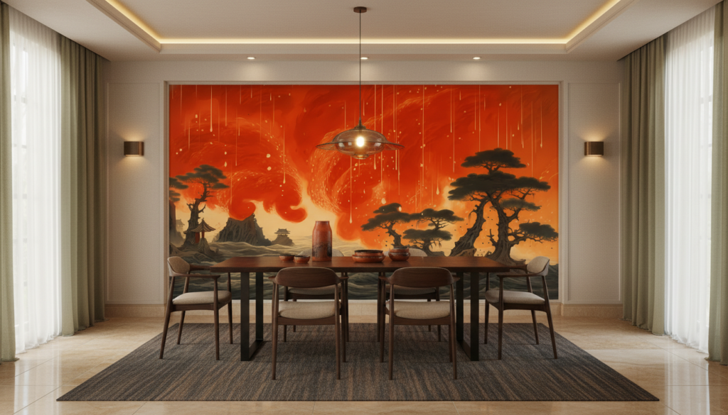Papier peint panoramique tempête de feu dans paysage asiatique mystique - Salle à manger