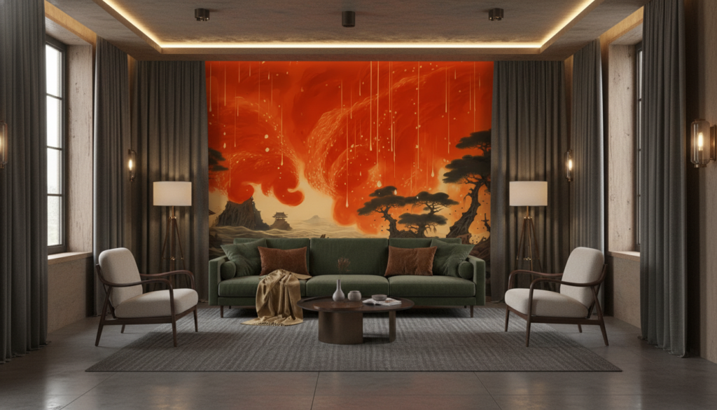 Papier peint panoramique tempête de feu dans paysage asiatique mystique - Salon / Séjour