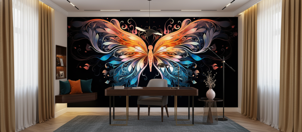 Papier Peint Papillon Artistique Orange Bleu Ornements Floraux Élégants - Bureau