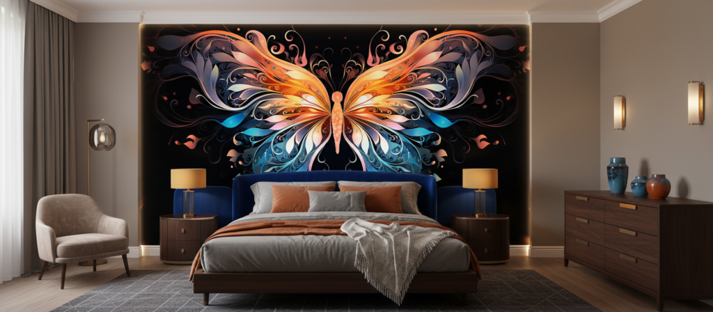 Papier Peint Papillon Artistique Orange Bleu Ornements Floraux Élégants - Chambre adulte