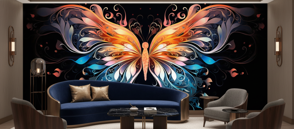 Papier Peint Papillon Artistique Orange Bleu Ornements Floraux Élégants - Hôtel