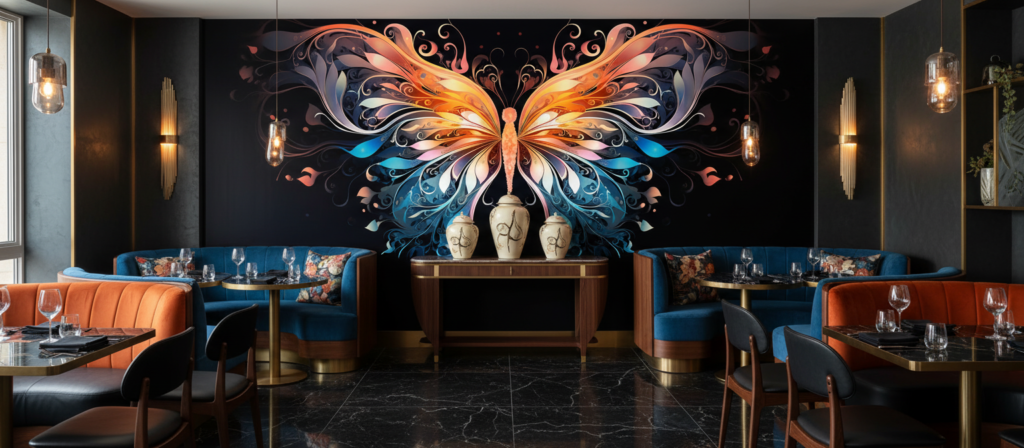 Papier Peint Papillon Artistique Orange Bleu Ornements Floraux Élégants - Restaurant