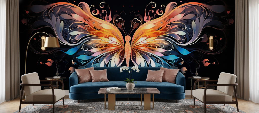 Papier Peint Papillon Artistique Orange Bleu Ornements Floraux Élégants - Salon / Séjour