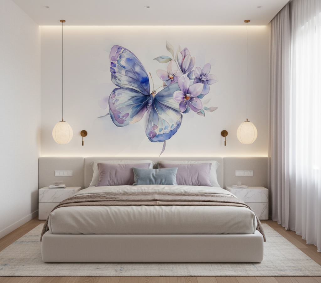 Papier Peint Papillon Bleu et Fleurs Violettes Aquarelle Délicate - Chambre adulte