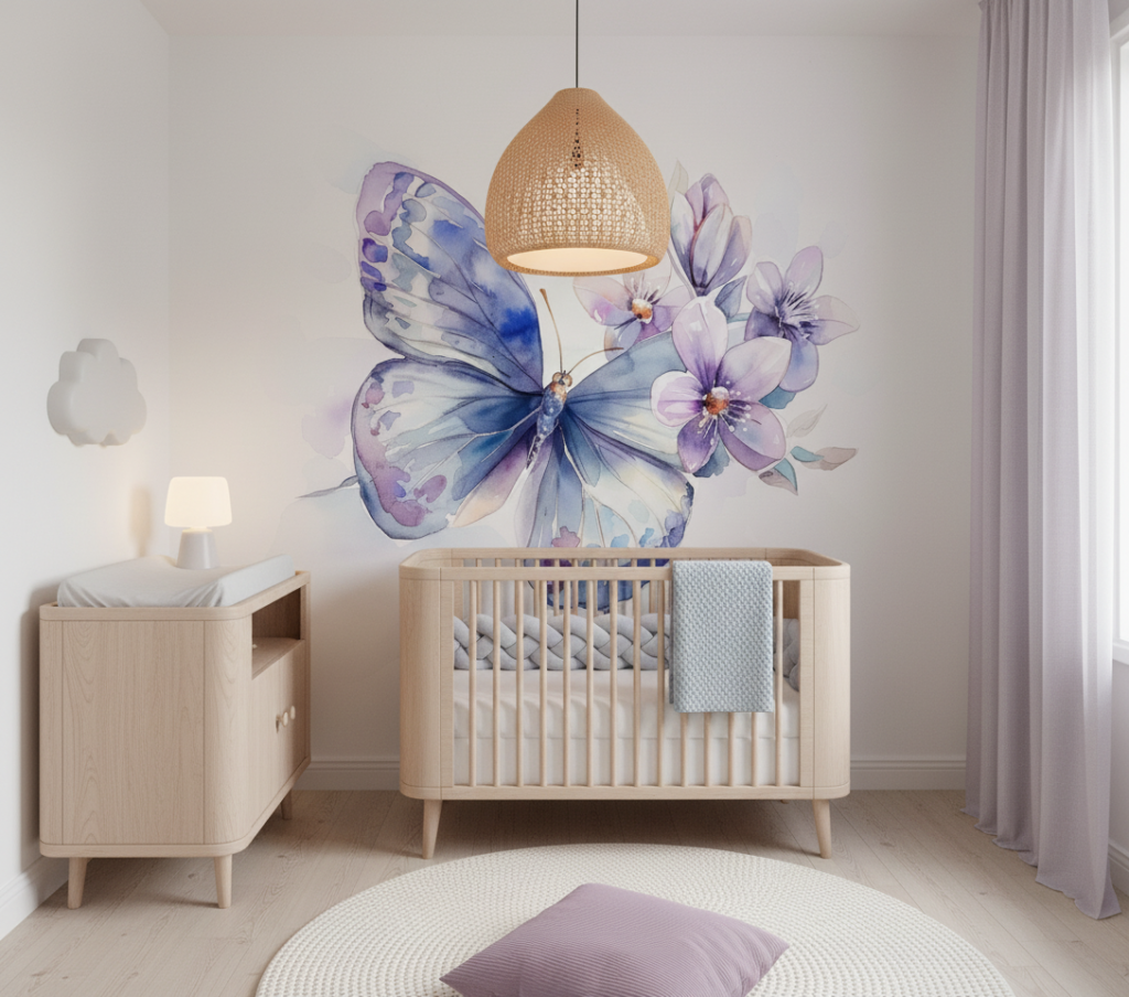 Papier Peint Papillon Bleu et Fleurs Violettes Aquarelle Délicate - Chambre bébé