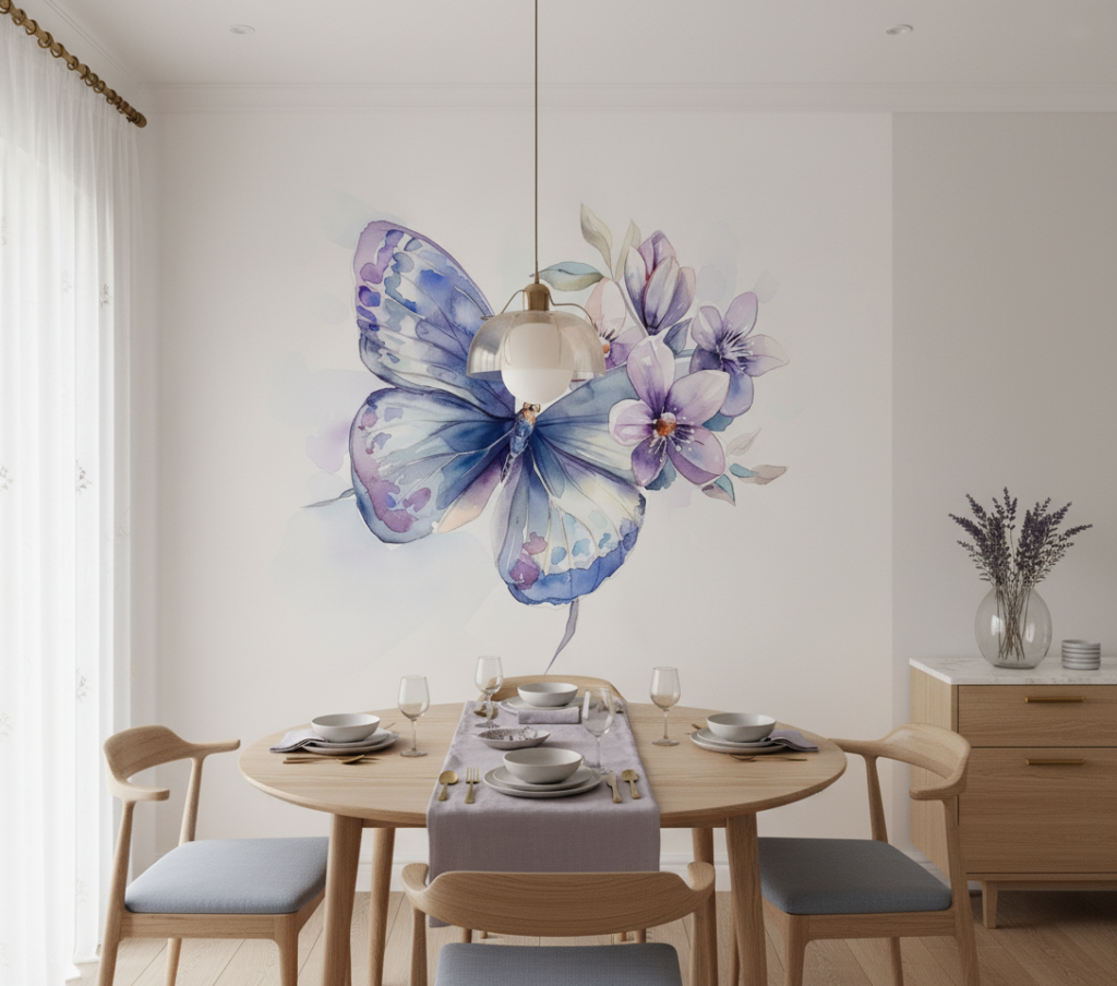 Papier Peint Papillon Bleu et Fleurs Violettes Aquarelle Délicate - Salle à manger