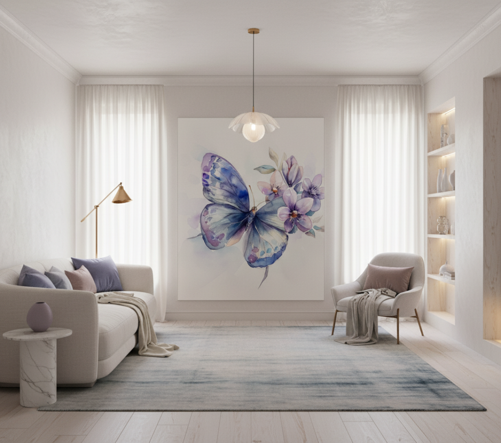 Papier Peint Papillon Bleu et Fleurs Violettes Aquarelle Délicate - Salon / Séjour