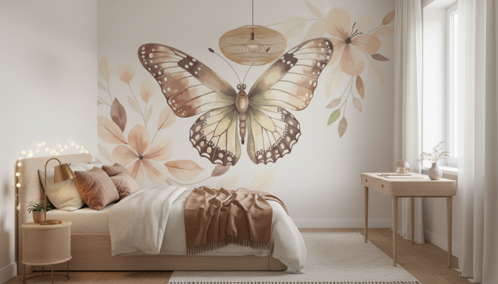 Papier peint papillon délicat aux tons beiges et floraux doux - Chambre ado