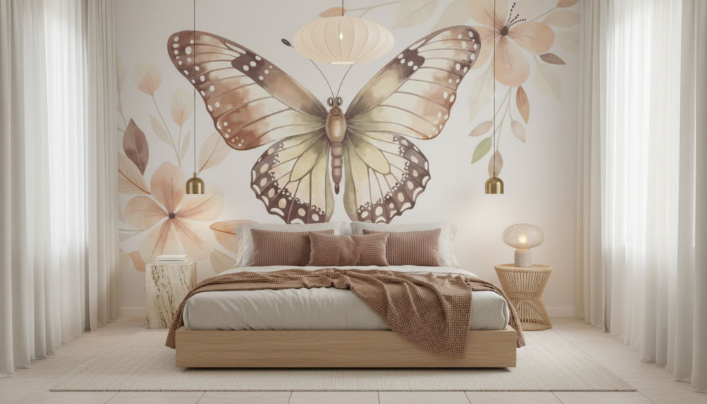 Papier peint papillon délicat aux tons beiges et floraux doux - Chambre adulte