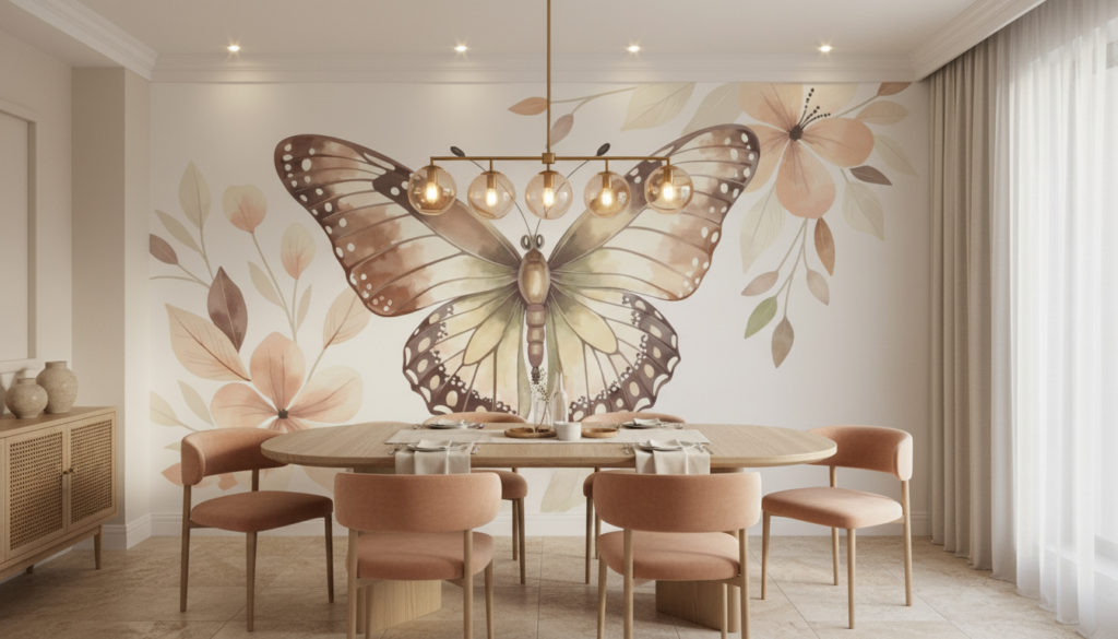 Papier peint papillon délicat aux tons beiges et floraux doux - Salle à manger