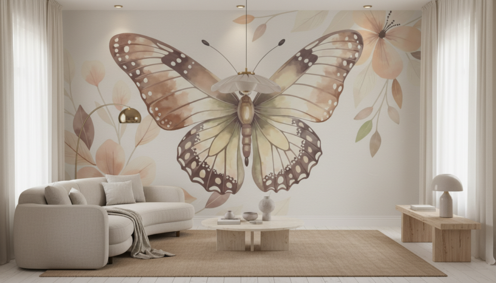 Papier peint papillon délicat aux tons beiges et floraux doux - Salon / Séjour