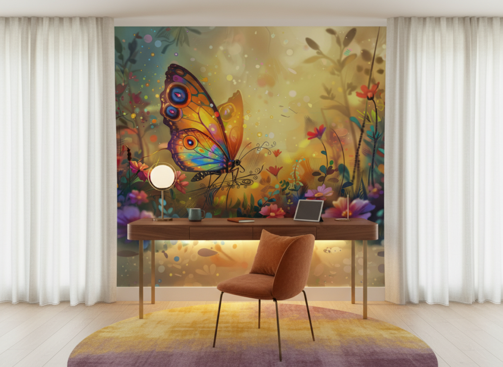Papier peint papillon fantastique jardin coloré effet bokeh magique - Bureau