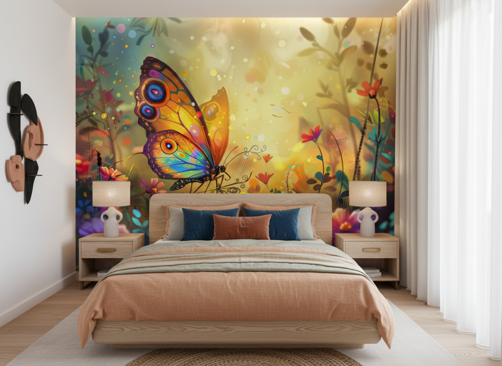 Papier peint papillon fantastique jardin coloré effet bokeh magique - Chambre adulte