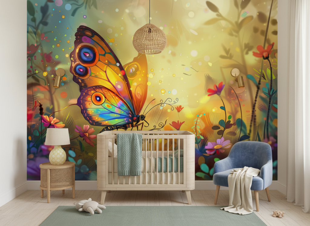 Papier peint papillon fantastique jardin coloré effet bokeh magique - Chambre bébé