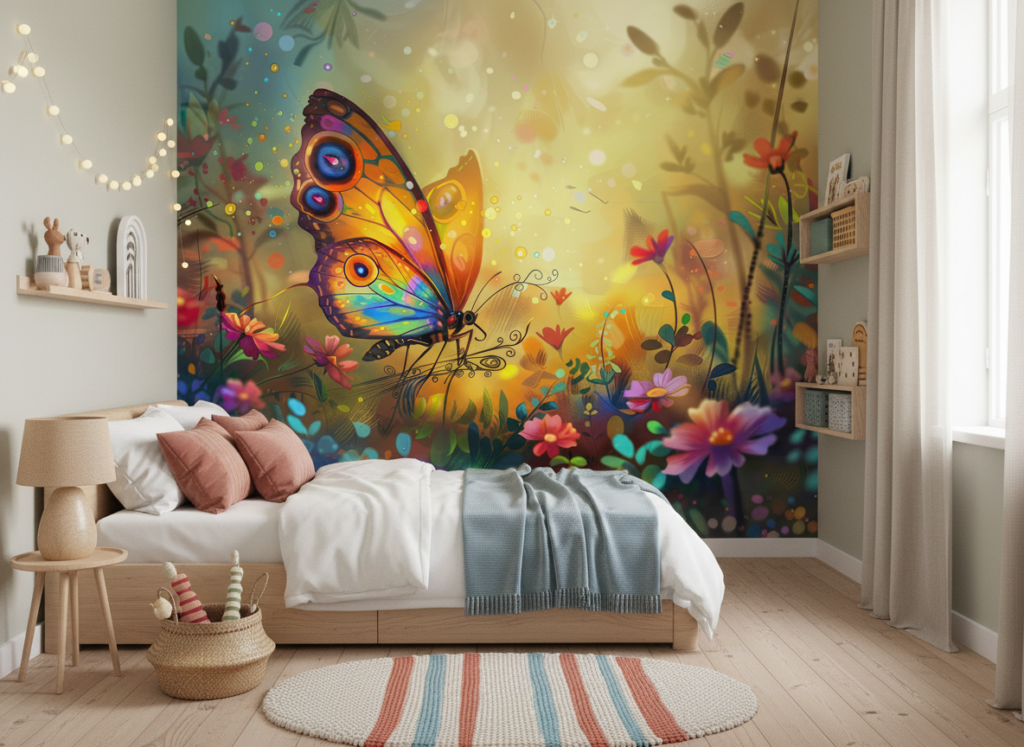 Papier peint papillon fantastique jardin coloré effet bokeh magique - Chambre enfant