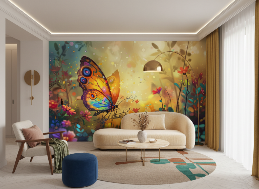 Papier peint papillon fantastique jardin coloré effet bokeh magique - Salon / Séjour
