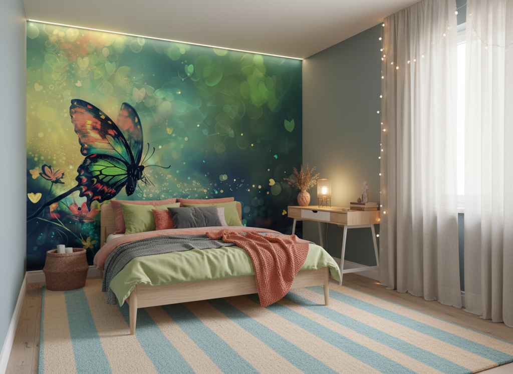 Papier peint papillon féerique aux reflets lumineux verts et dorés - Chambre ado