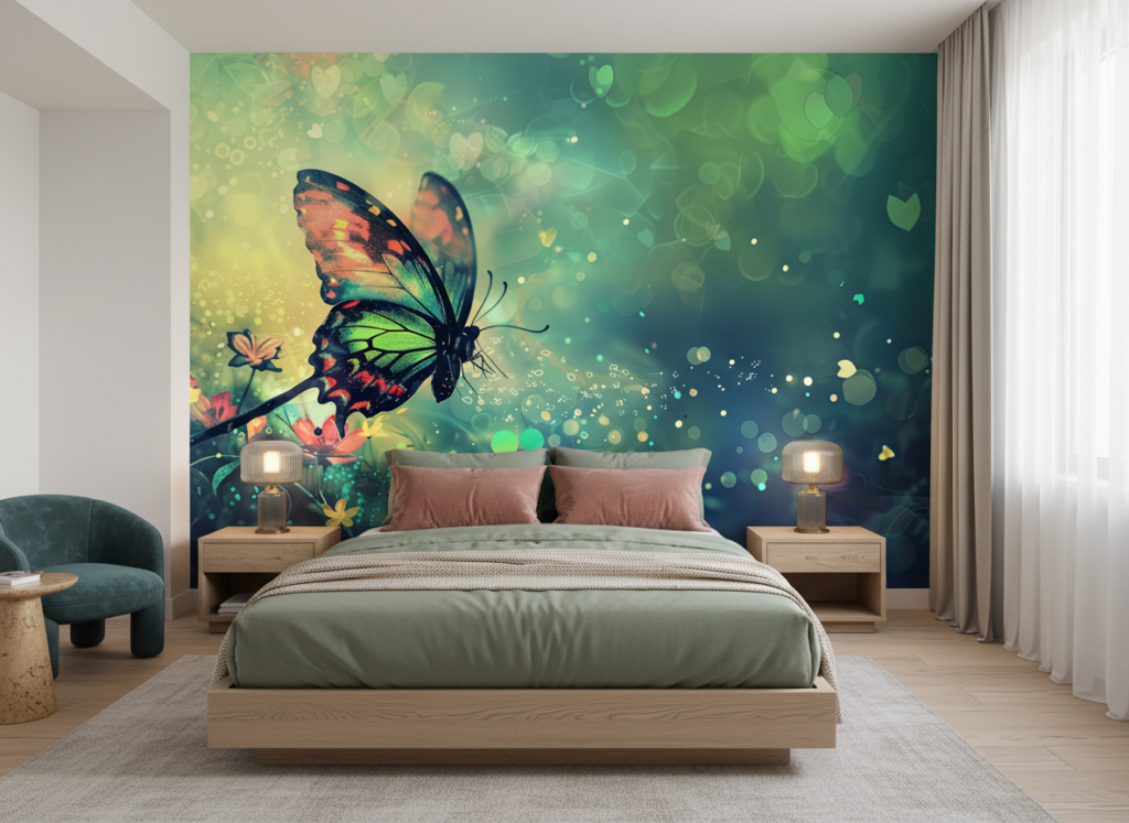 Papier peint papillon féerique aux reflets lumineux verts et dorés - Chambre adulte