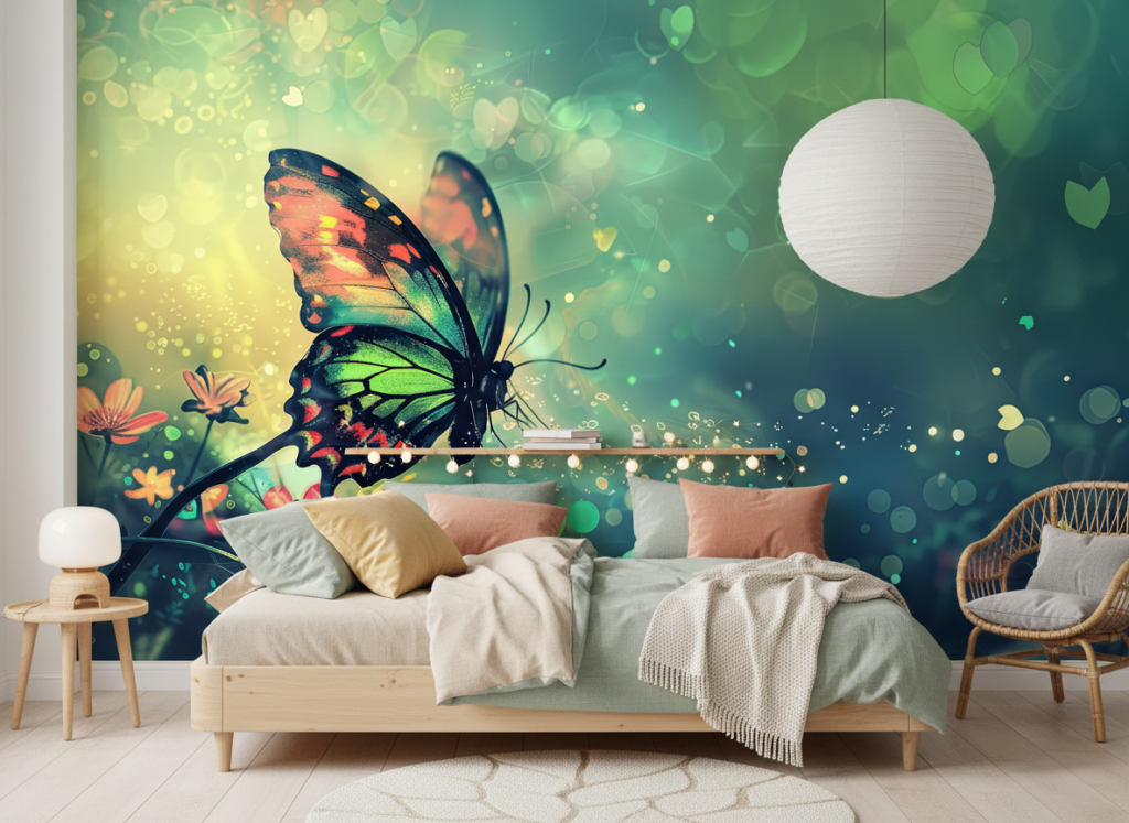 Papier peint papillon féerique aux reflets lumineux verts et dorés - Chambre enfant