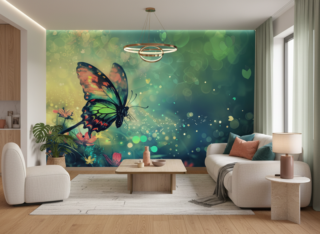 Papier peint papillon féerique aux reflets lumineux verts et dorés - Salon / Séjour