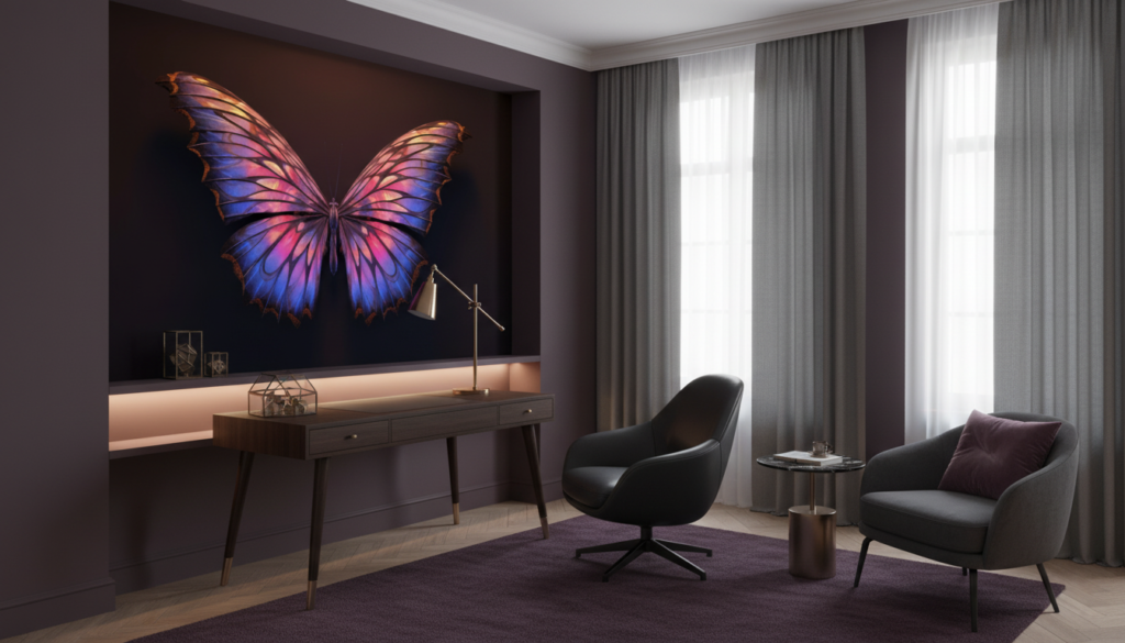 Papier Peint Papillon Iridescent aux Reflets Violets et Dorés Magiques - Bureau