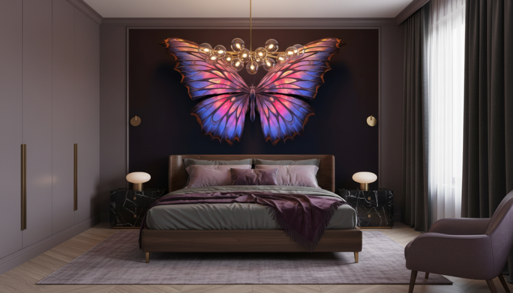 Papier Peint Papillon Iridescent aux Reflets Violets et Dorés Magiques - Chambre adulte