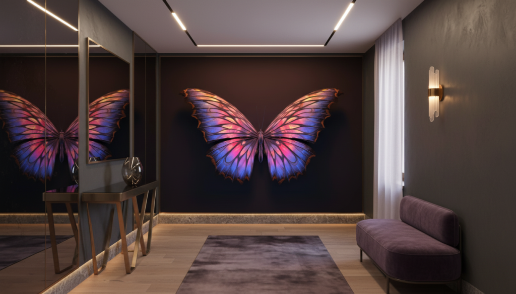 Papier Peint Papillon Iridescent aux Reflets Violets et Dorés Magiques - Couloir