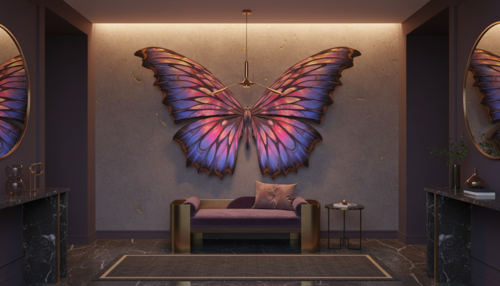 Papier Peint Papillon Iridescent aux Reflets Violets et Dorés Magiques - Entrée