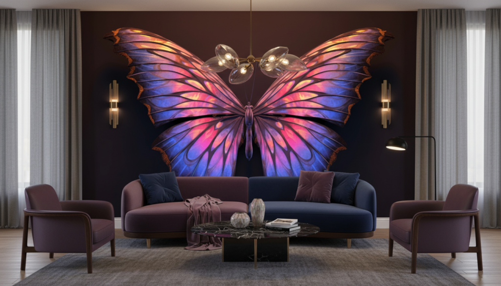 Papier Peint Papillon Iridescent aux Reflets Violets et Dorés Magiques - Salon / Séjour