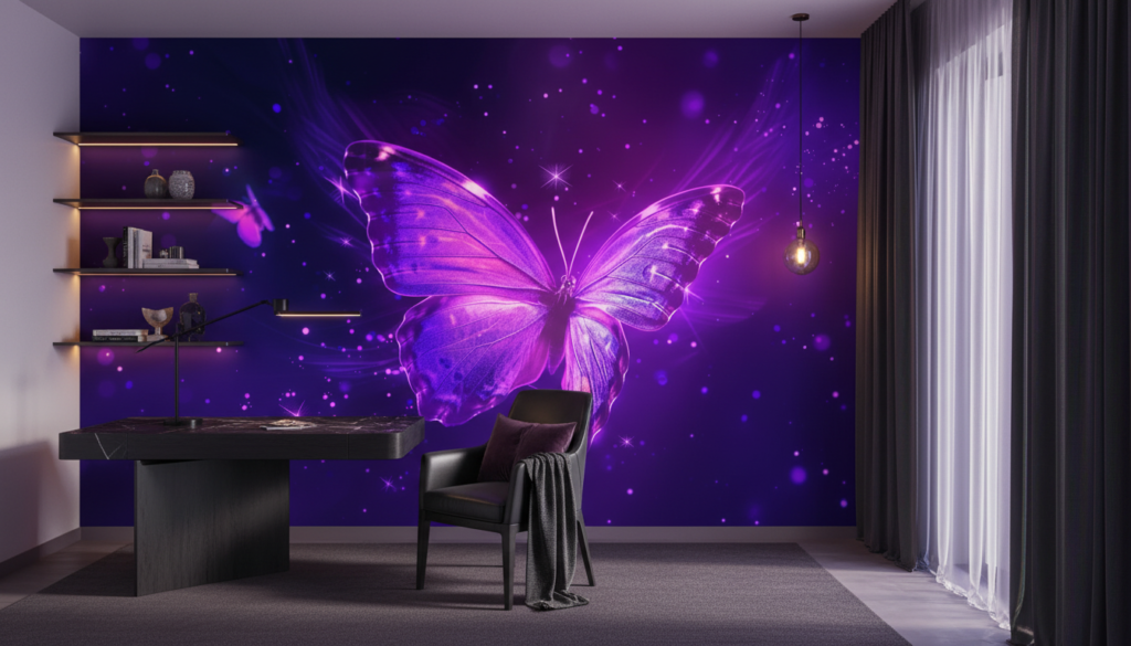 Papier peint papillon lumineux violet cosmos étoilé magique fantastique - Bureau