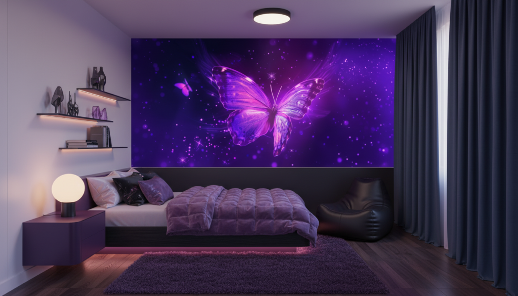 Papier peint papillon lumineux violet cosmos étoilé magique fantastique - Chambre ado