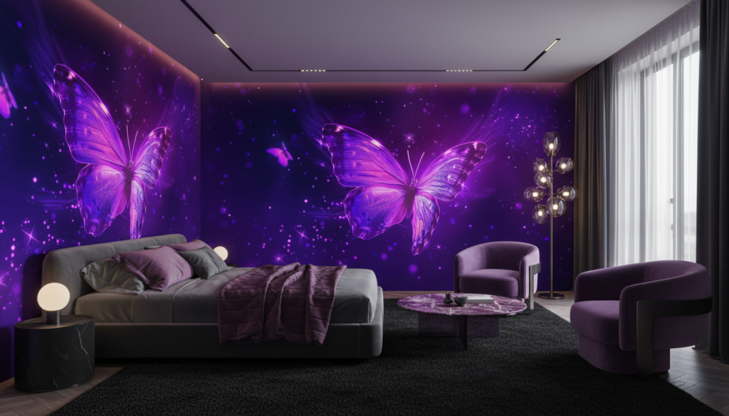 Papier peint papillon lumineux violet cosmos étoilé magique fantastique - Chambre adulte