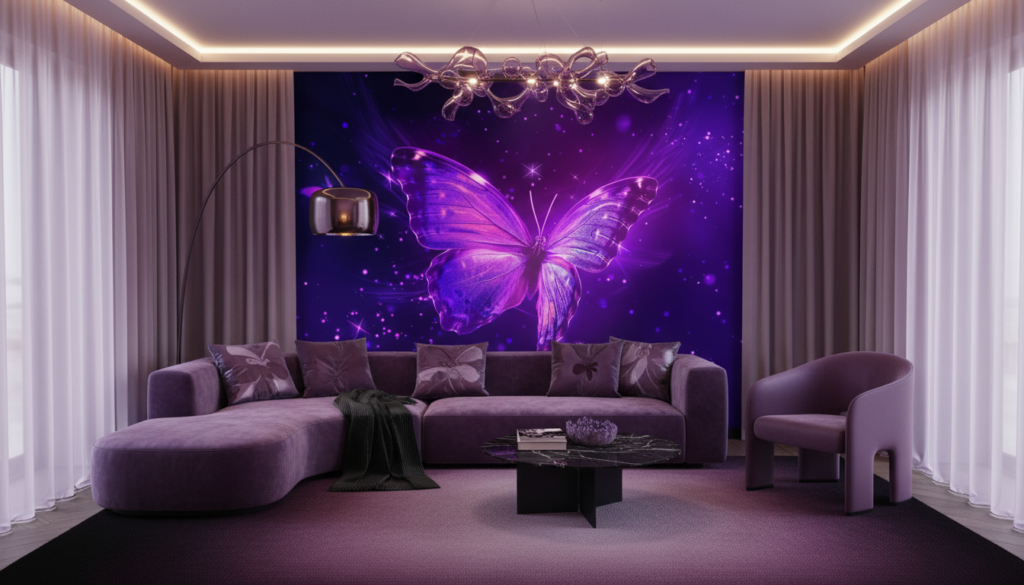 Papier peint papillon lumineux violet cosmos étoilé magique fantastique - Salon / Séjour