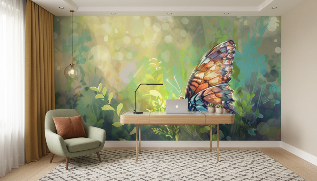 Papier Peint Papillon Tropical aux Couleurs Chatoyantes et Lumière Dorée - Bureau