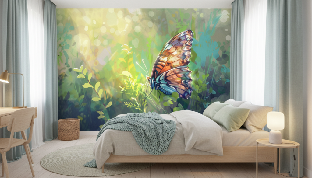 Papier Peint Papillon Tropical aux Couleurs Chatoyantes et Lumière Dorée - Chambre ado