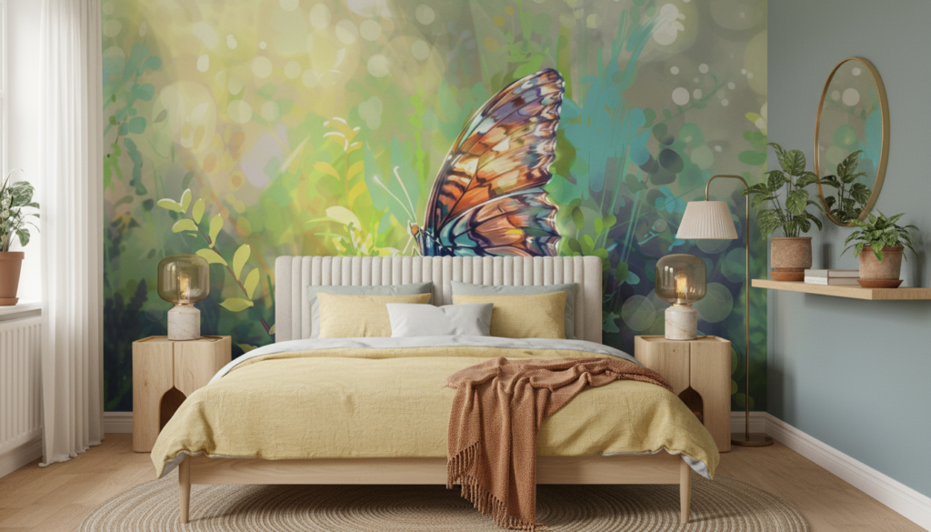 Papier Peint Papillon Tropical aux Couleurs Chatoyantes et Lumière Dorée - Chambre adulte