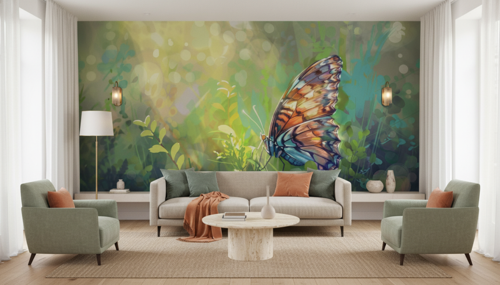 Papier Peint Papillon Tropical aux Couleurs Chatoyantes et Lumière Dorée - Salon / Séjour