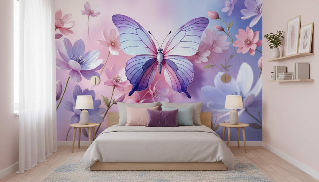 Papier Peint Papillon Violet et Fleurs Rose sur Fond Dégradé - Chambre ado